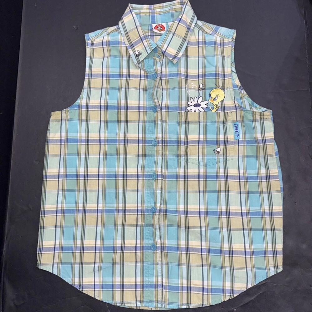 Looney Tunes Vintage 90s Y2K Tweety Green/Blue Plaid Sleeveless Button Down Top‎